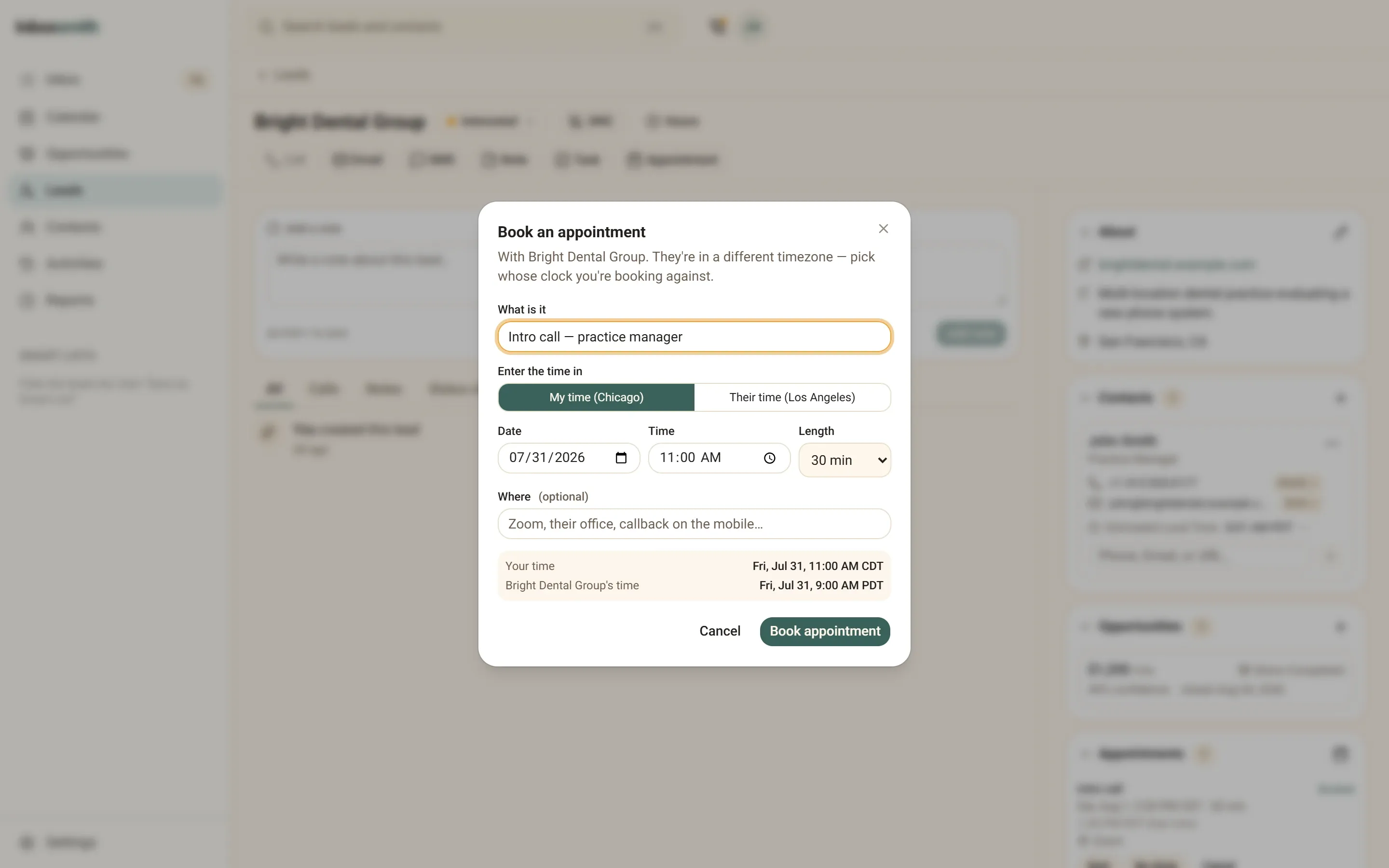 The Inboxsmith booking dialog for a San Francisco lead, showing the rep's 2:00 PM Central next to the lead's 12:00 PM Pacific, with a toggle for which clock the time was typed in.