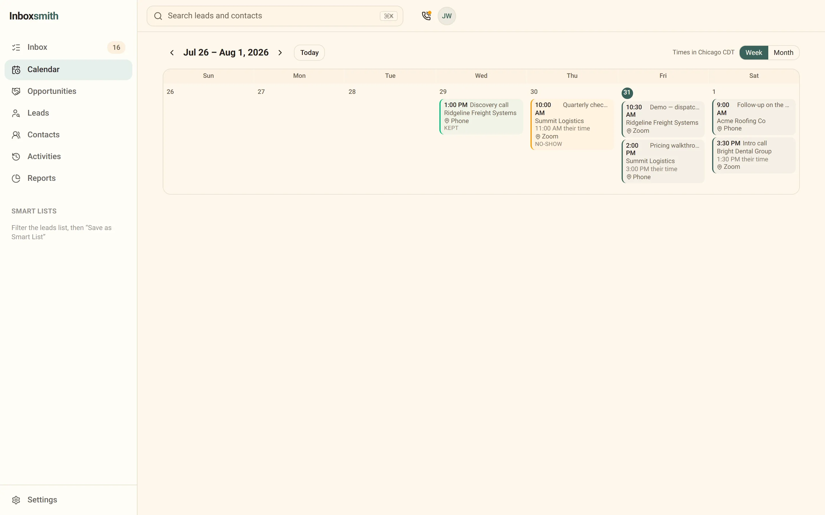 The Inboxsmith calendar in week view: booked appointments showing the time, the lead, their local time, and whether the meeting was kept or a no-show.