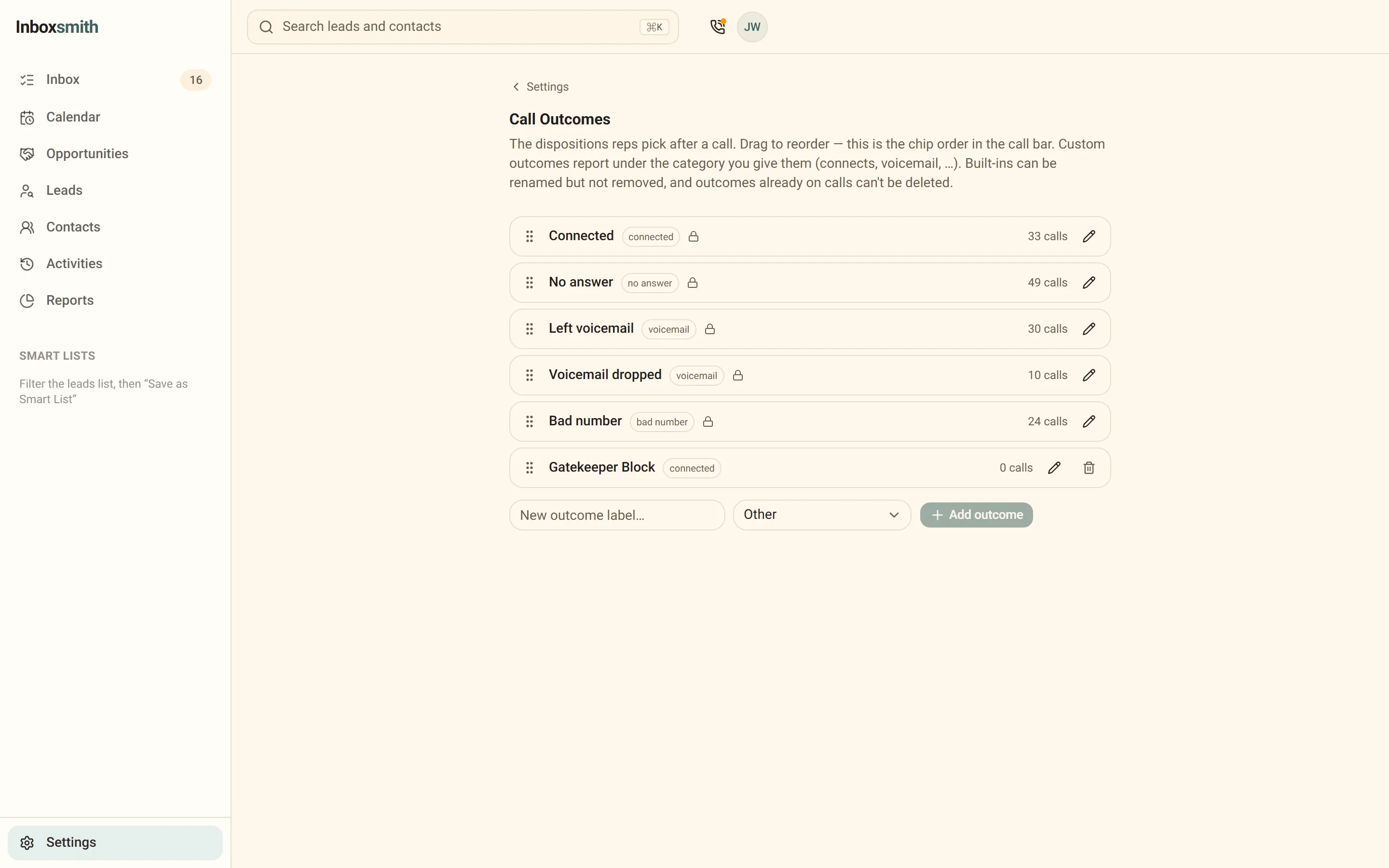 Inboxsmith call outcome settings: the built-in dispositions plus a custom 'Gatekeeper Block' outcome categorised as a connect.