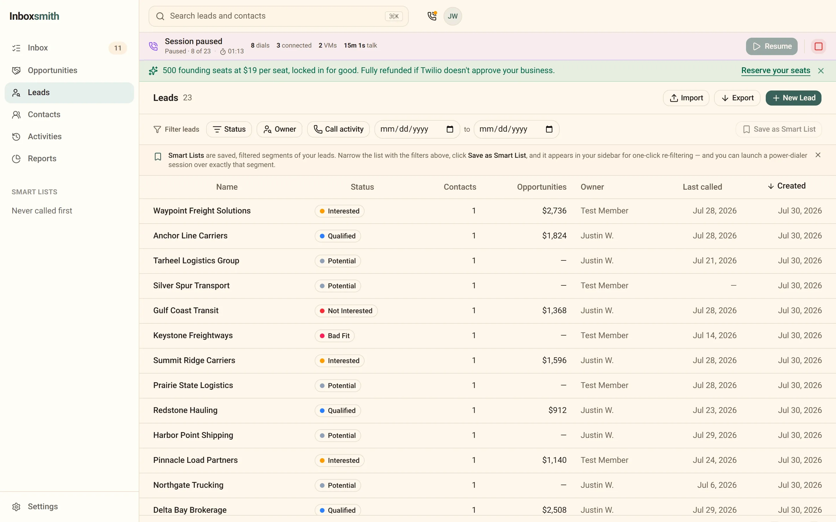 A paused Inboxsmith dial session showing live stats: 8 dials, 3 connected, 2 voicemails dropped, 15 minutes of talk time.