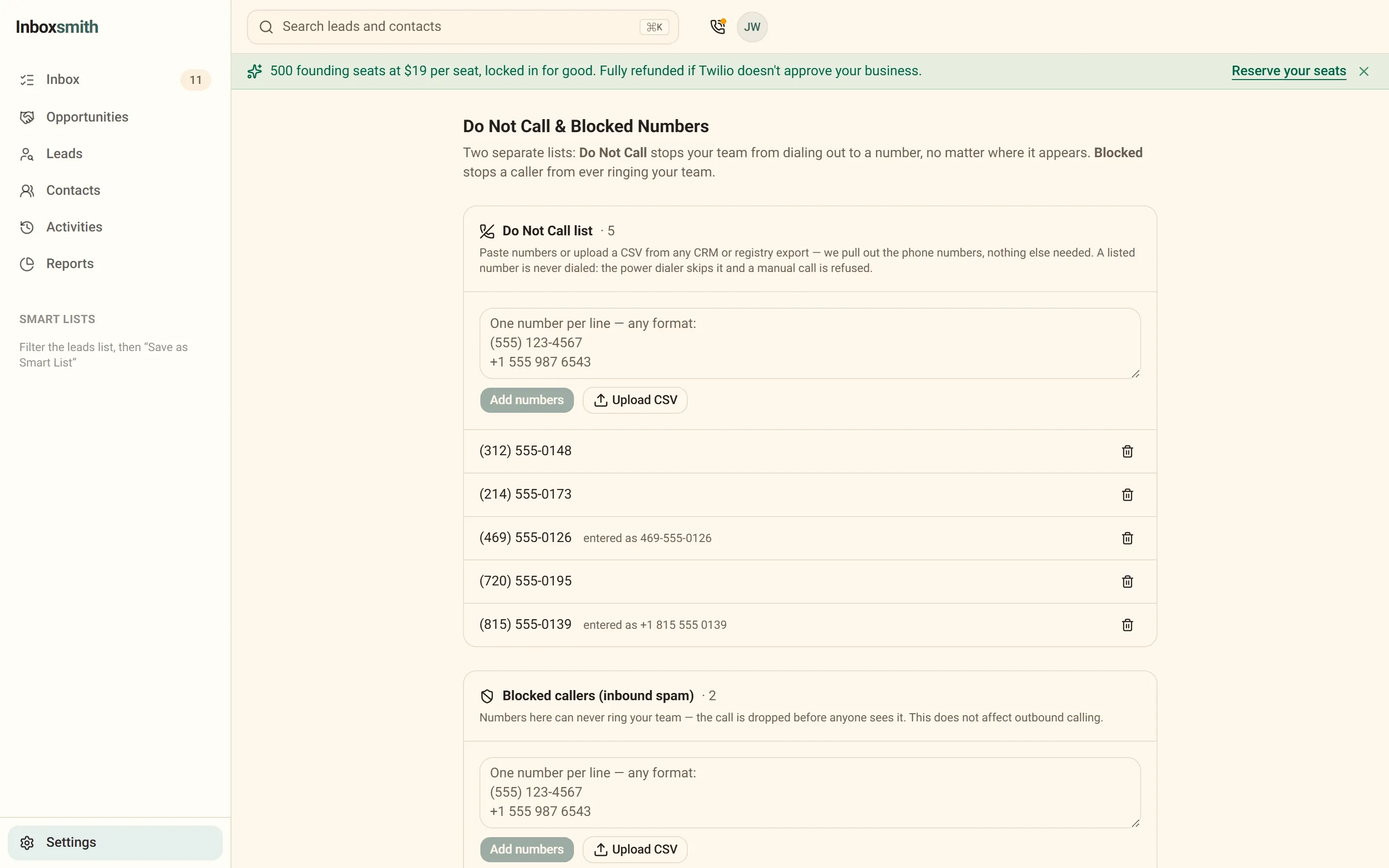 Inboxsmith Do Not Call settings: an uploaded DNC number list with per-number delete, and a separate blocked-callers list for inbound spam.