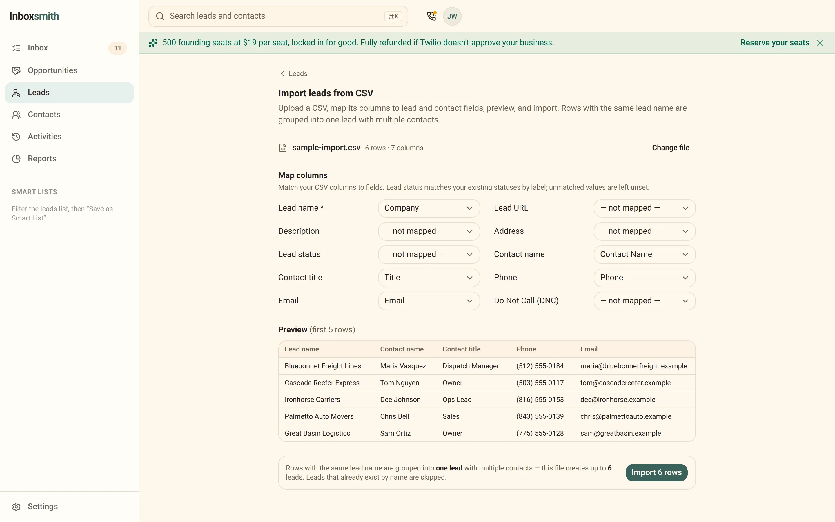 The Inboxsmith CSV import screen with columns auto-mapped to lead and contact fields and a preview of the first rows.
