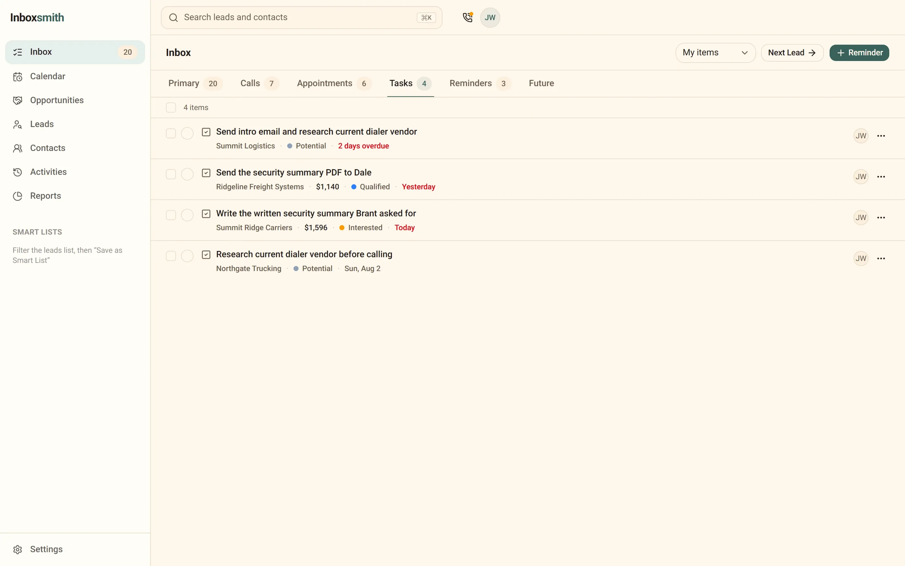 The Inboxsmith inbox on its Tasks tab: six tabs across the top (Primary, Calls, Appointments, Tasks, Reminders, Future) each with a count, and task rows showing due labels including a red "2 days overdue".