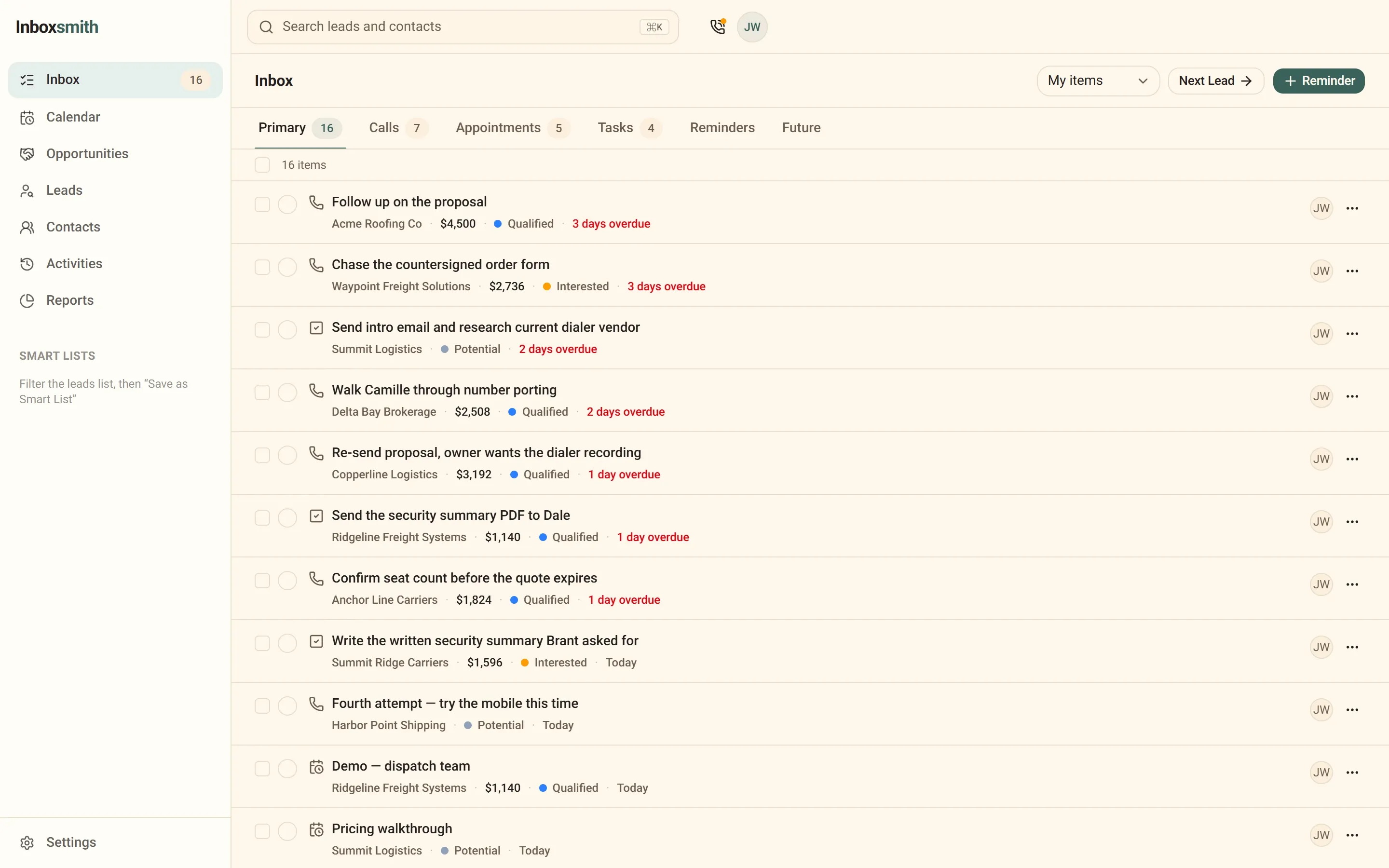 The Inboxsmith inbox: a queue of calls and tasks due today, each attached to a lead and its deal value.