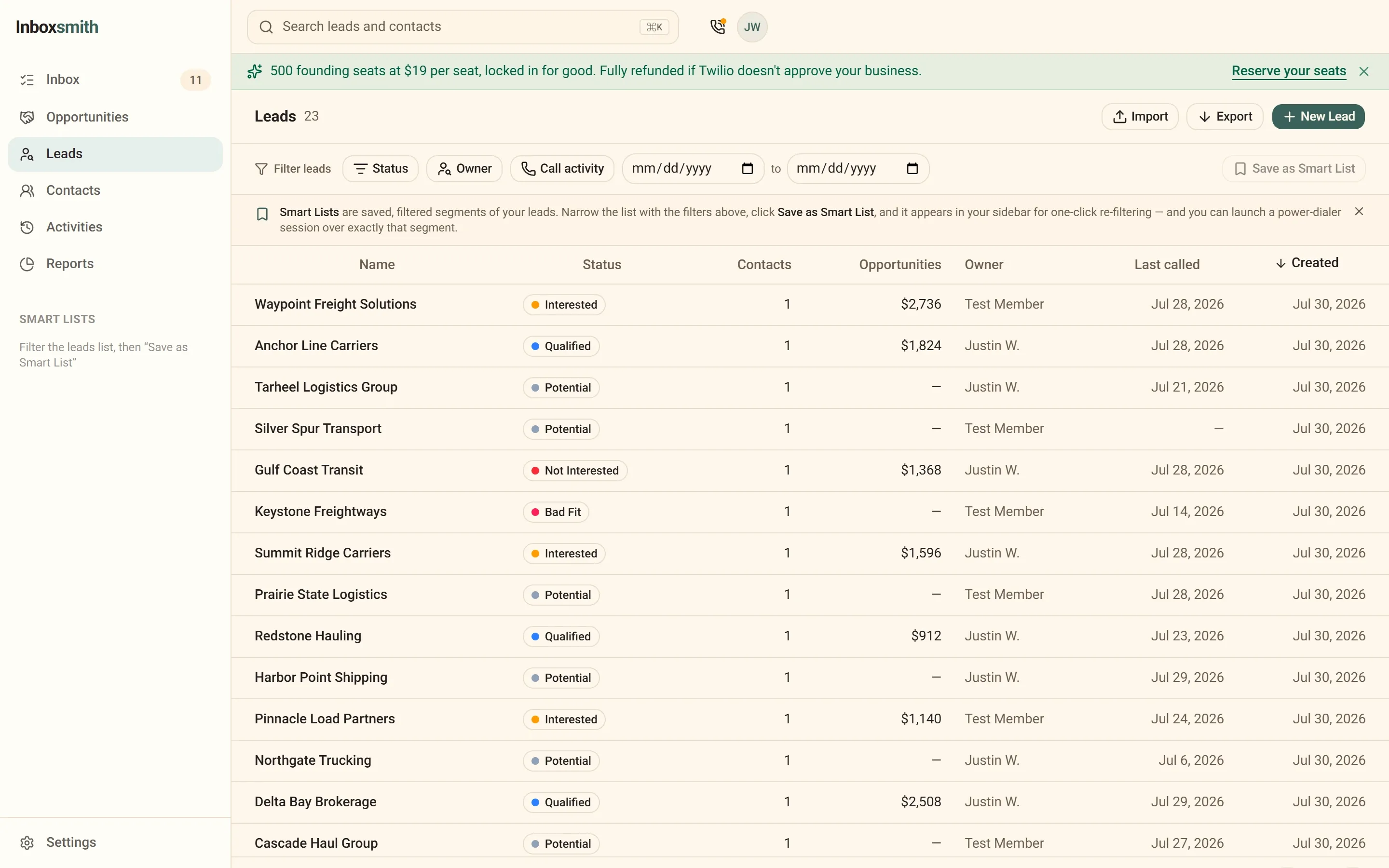 The Inboxsmith leads list: company name, status, opportunity value, owner and the date each lead was last called.