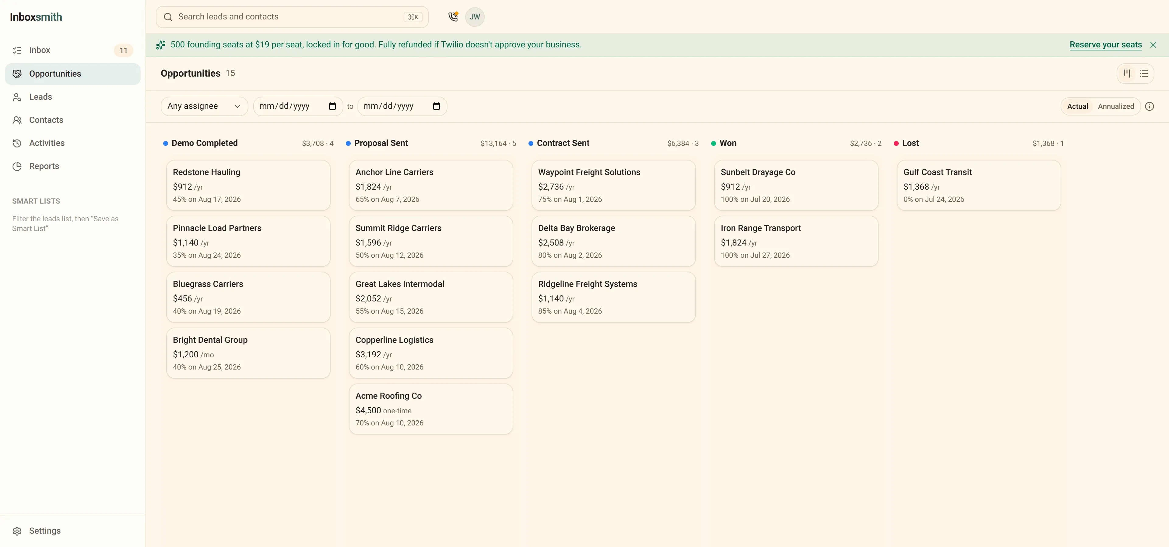 The Inboxsmith opportunity pipeline as a kanban board, one column per stage with deal values.