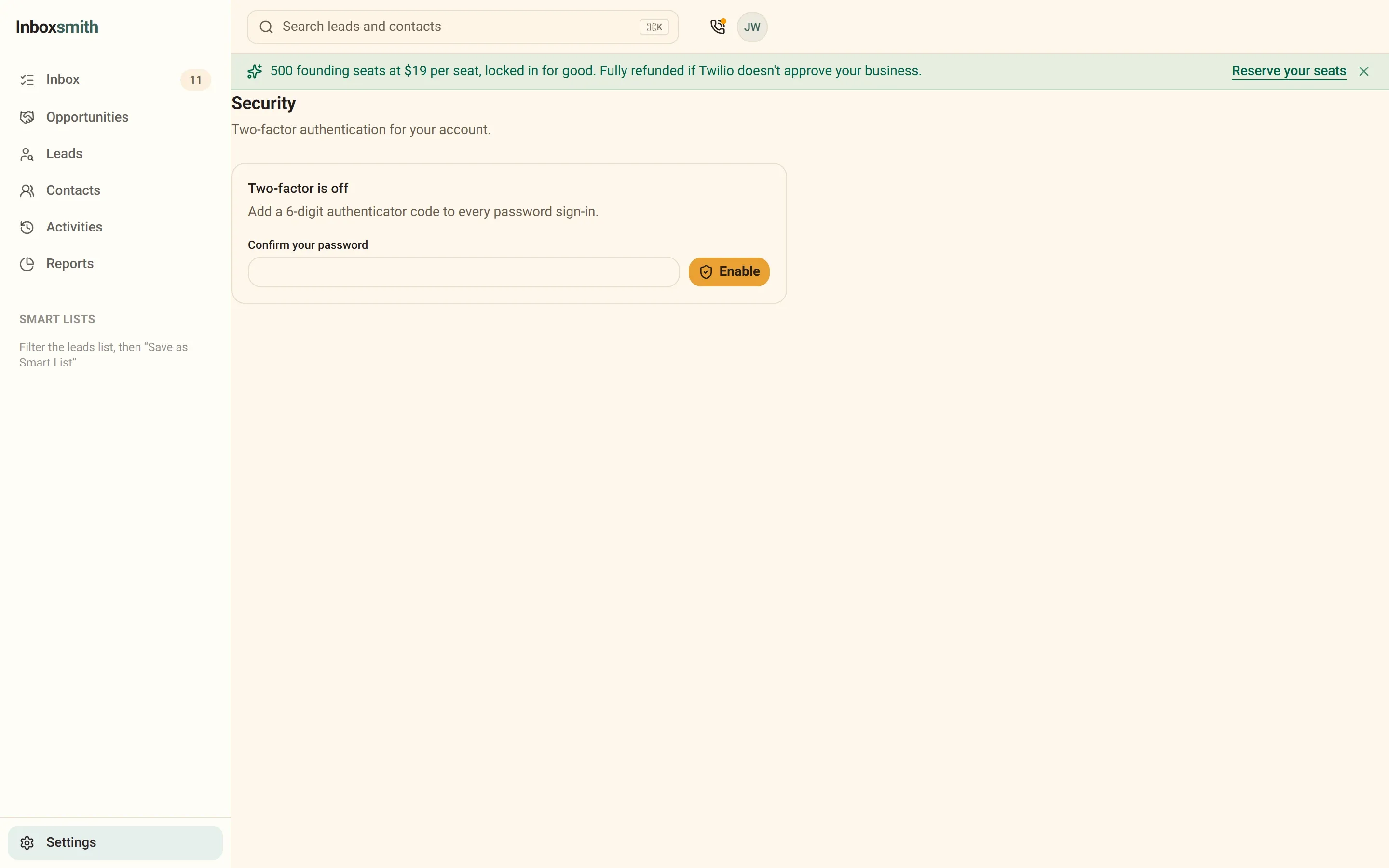 Inboxsmith security settings showing two-factor authentication enrollment.