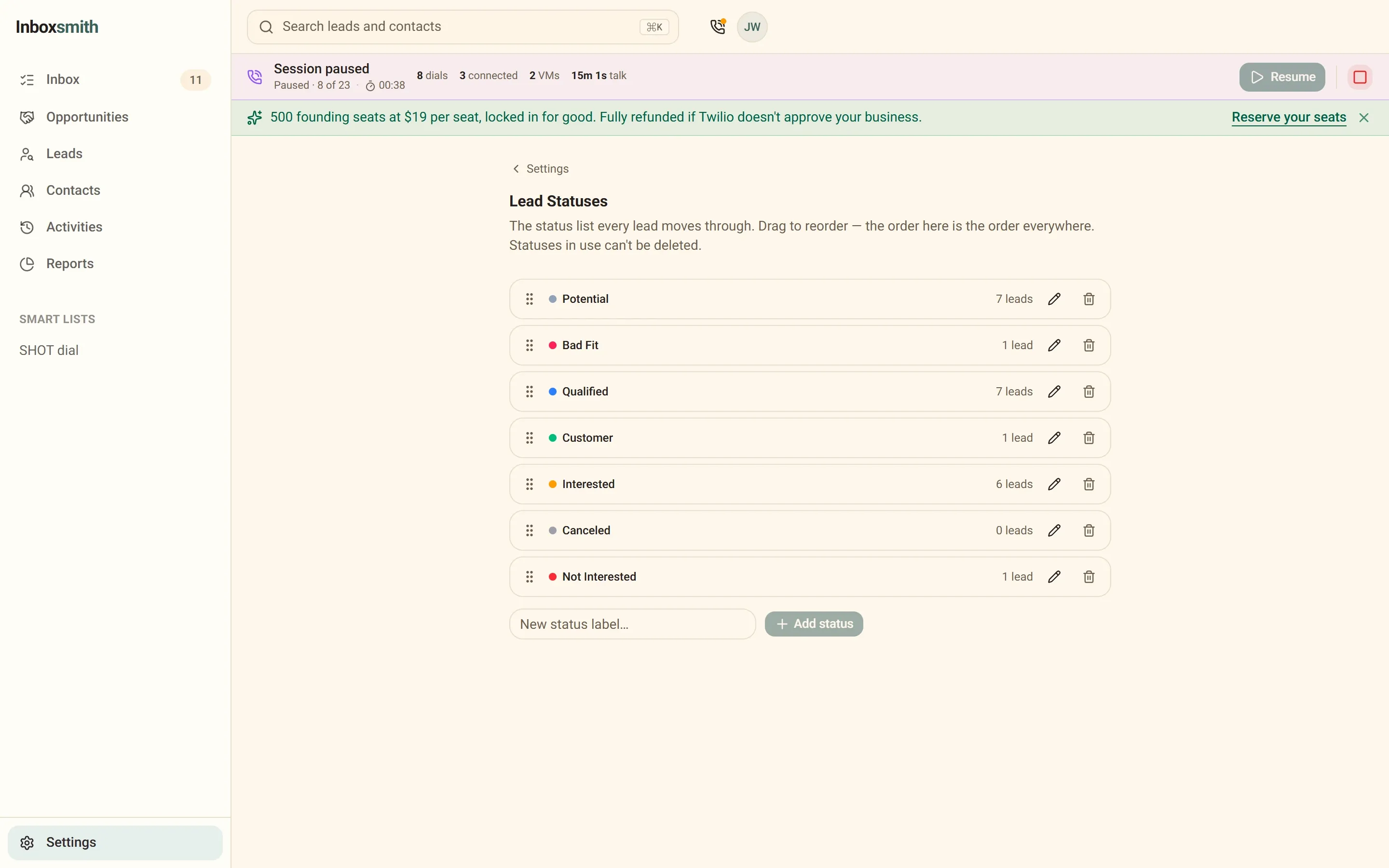 Inboxsmith lead status settings: a reorderable list of custom statuses.