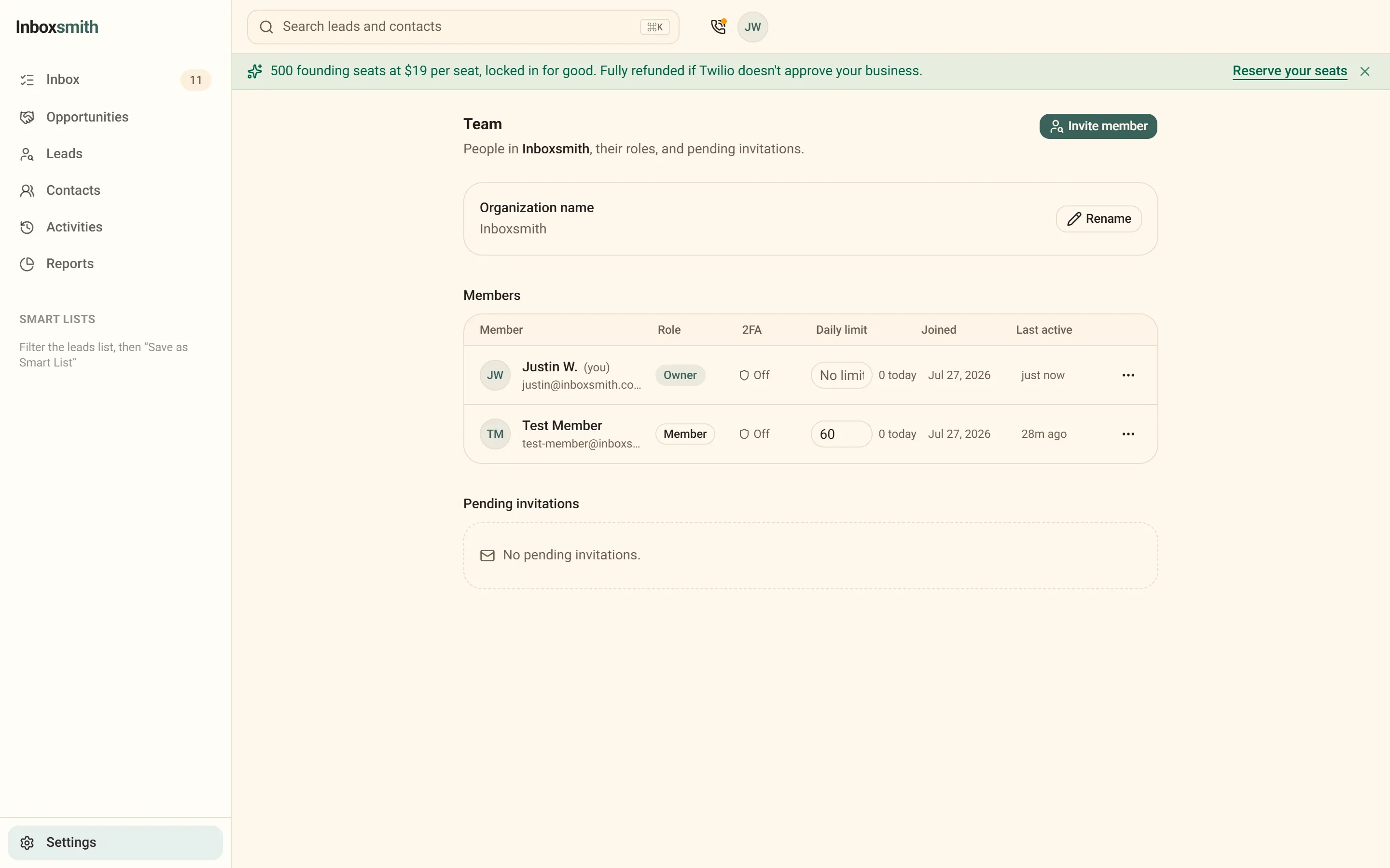 Inboxsmith team settings: members with roles and an editable daily minute limit per member with today's usage.