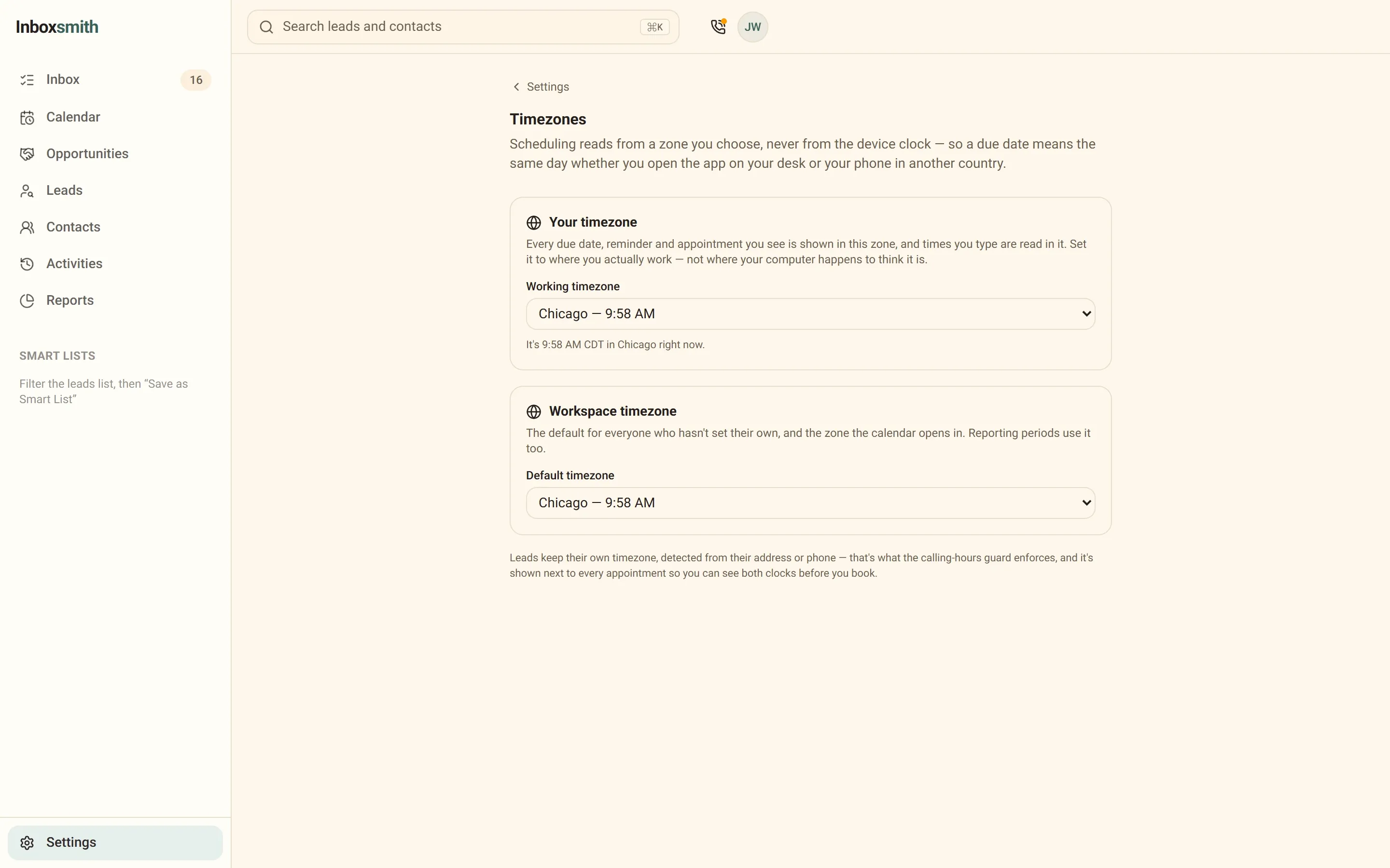 Inboxsmith timezone settings: a personal working timezone and a workspace default, with the current local time shown for each.
