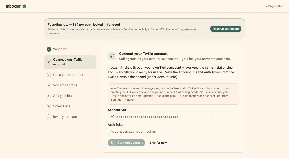 The actual "Connect your Twilio account" step of the Inboxsmith setup wizard.