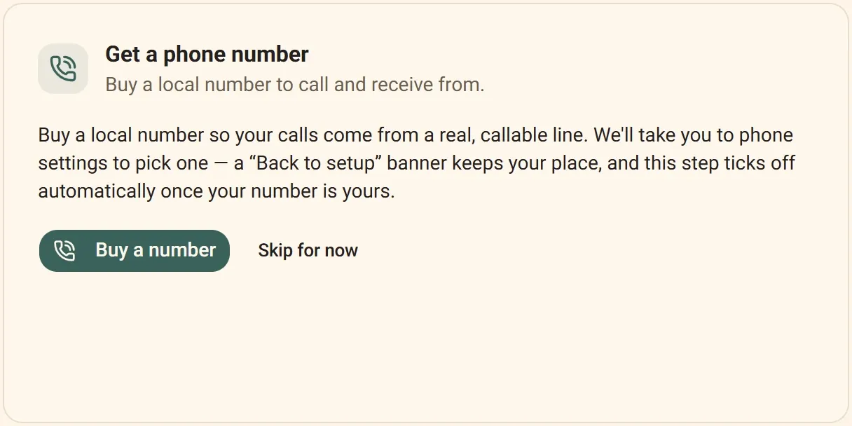 The actual "Get a phone number" step of the Inboxsmith setup wizard.
