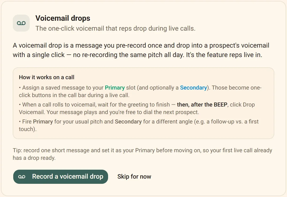 The actual "Record a voicemail drop" step of the Inboxsmith setup wizard.