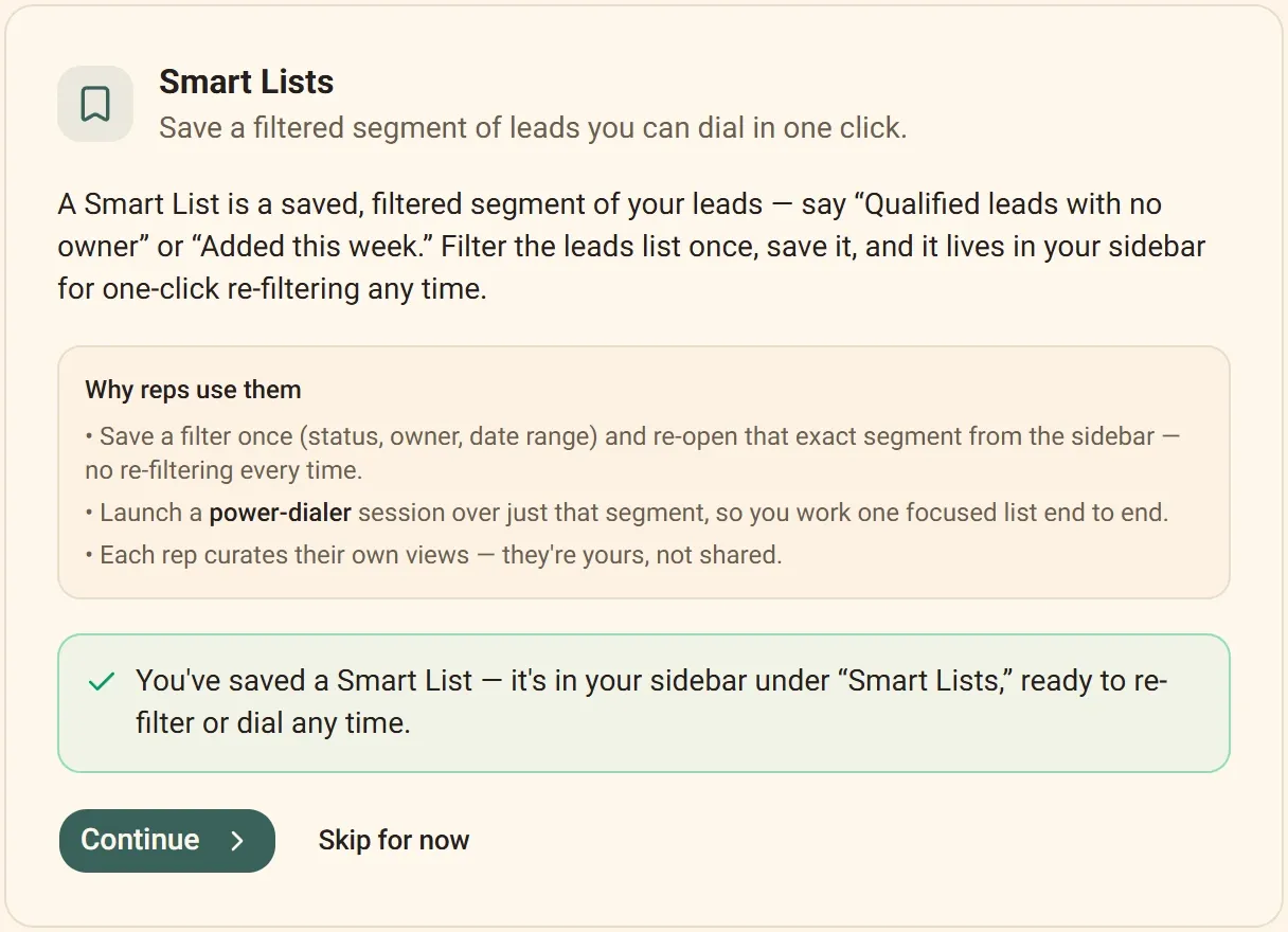 The actual "Save a Smart List" step of the Inboxsmith setup wizard.